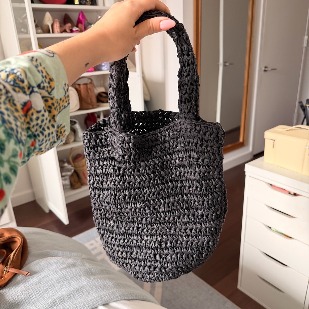 LOFT Black Raffia Straw Bucket Bag - Like New